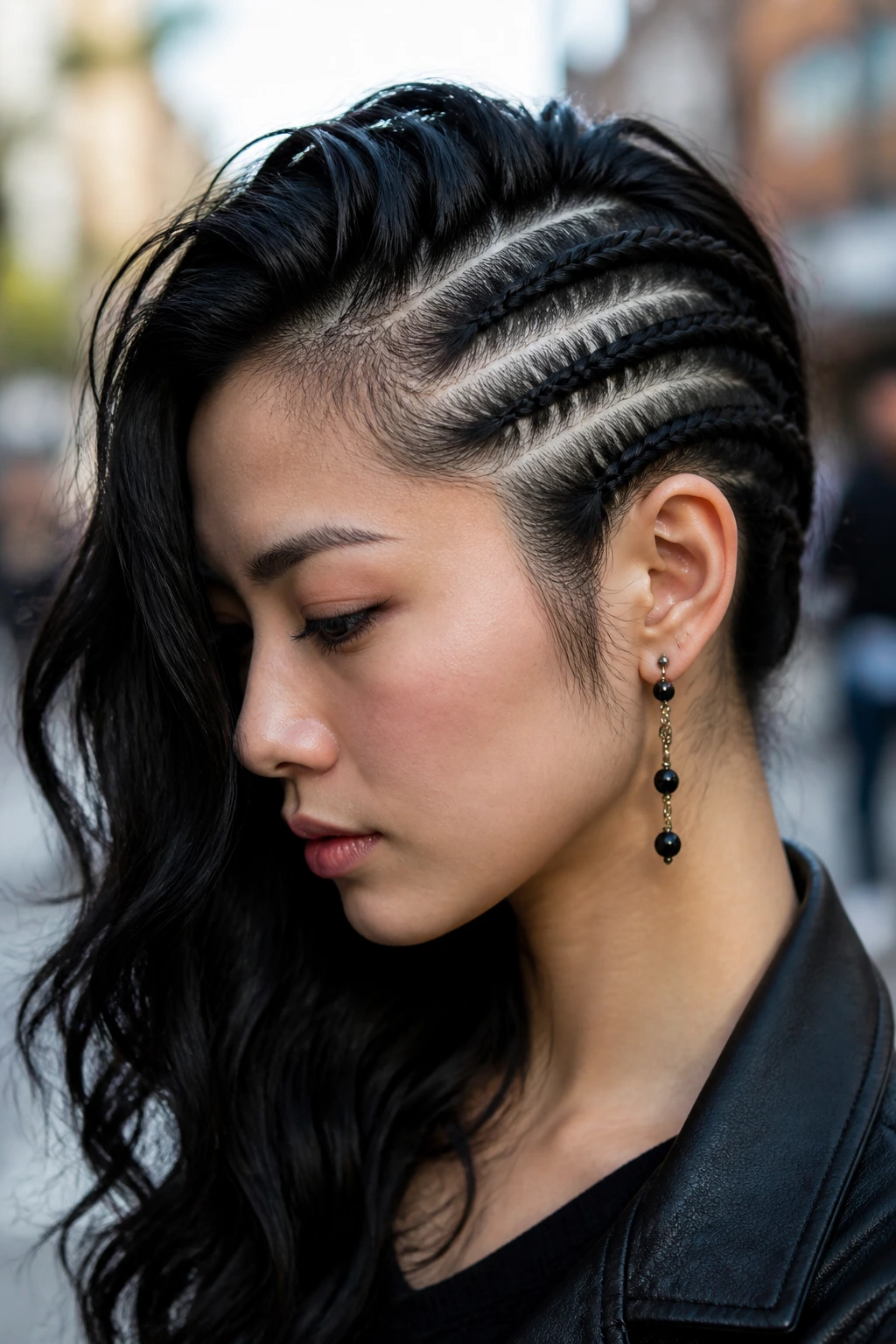 Real person with braided undercut illusion along the scalp.