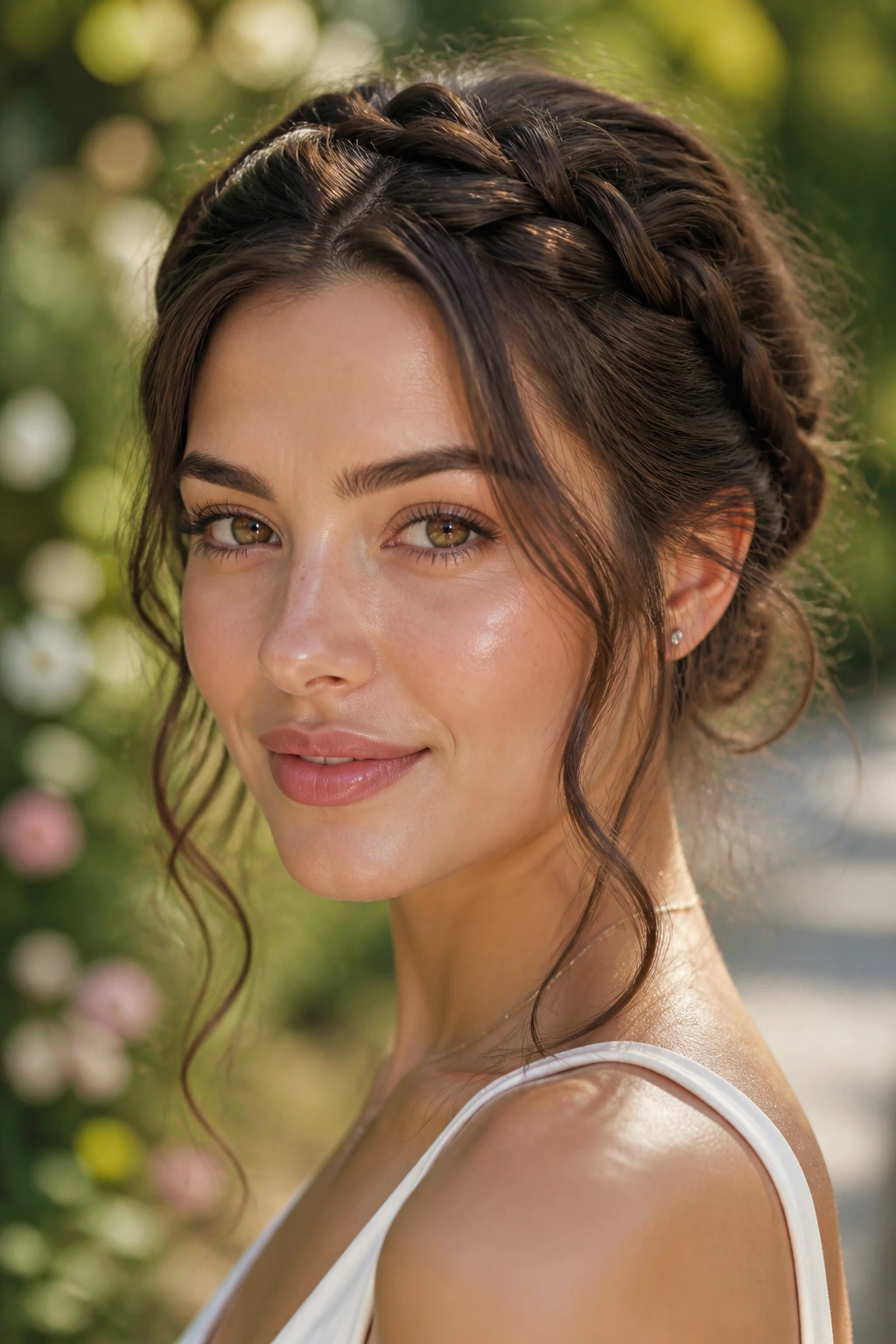 Close-up of a real person with a braided updo and tendrils
