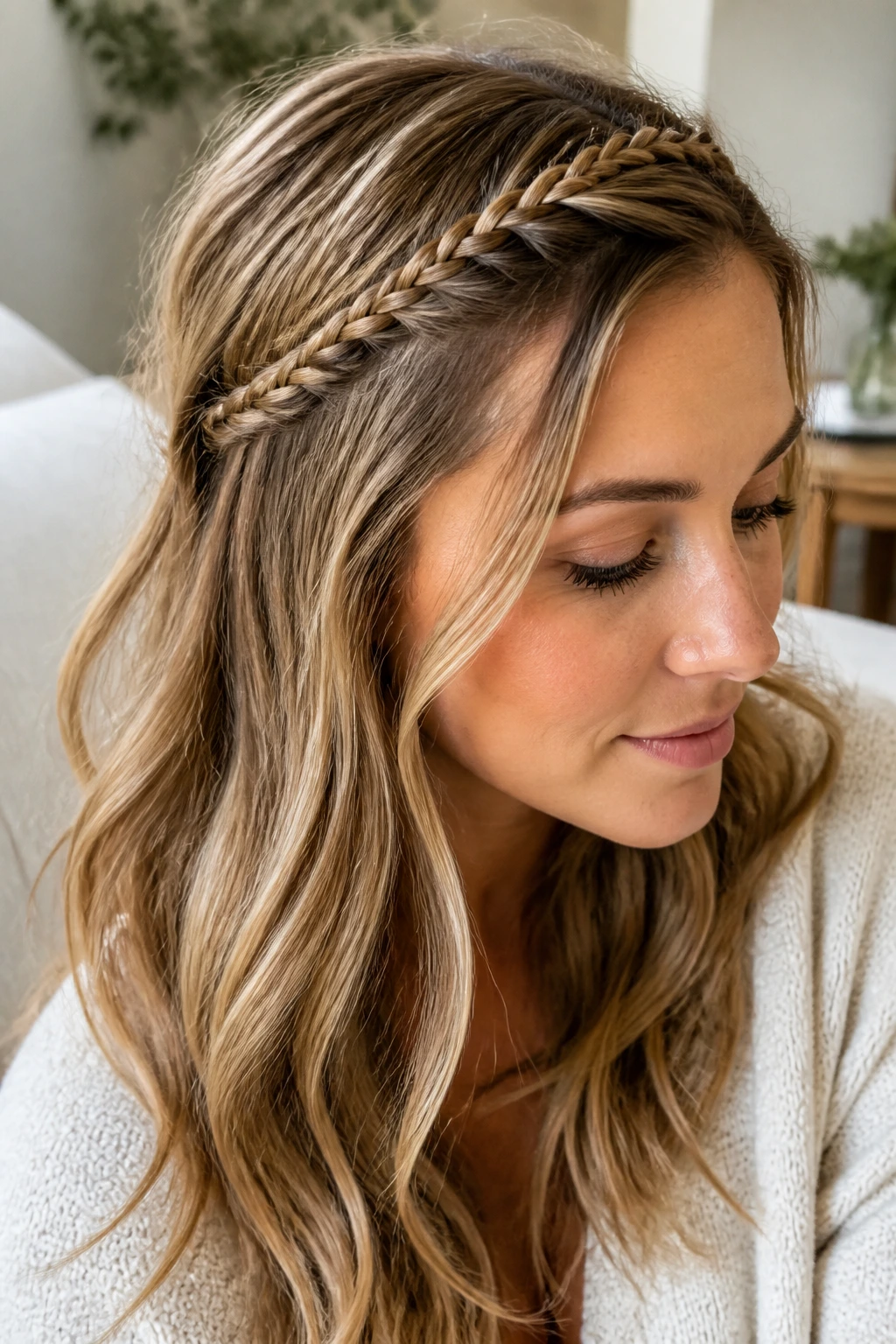 Woman with braided headband and loose waves.