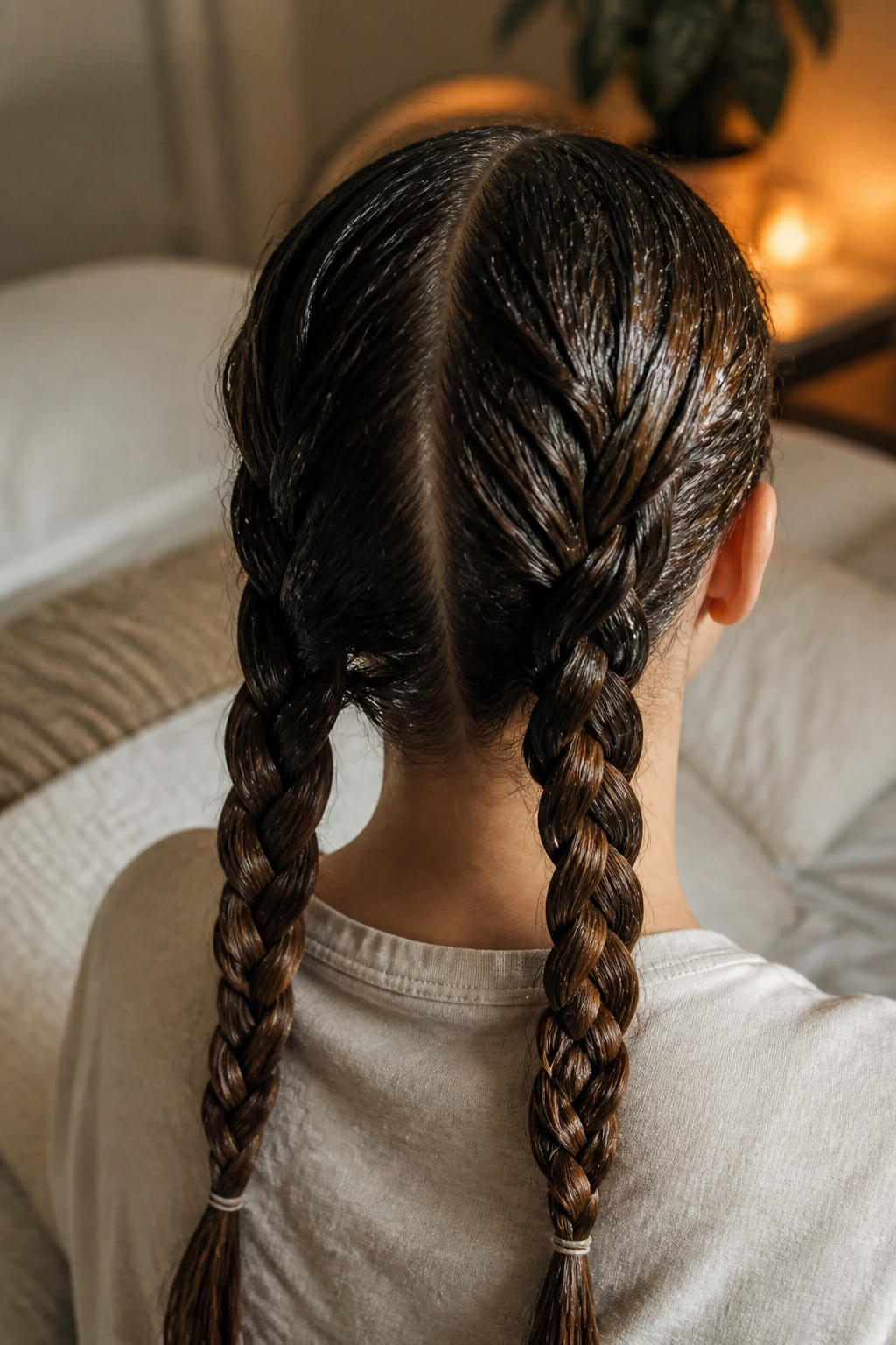 Back of head with damp hair braided into neat braids