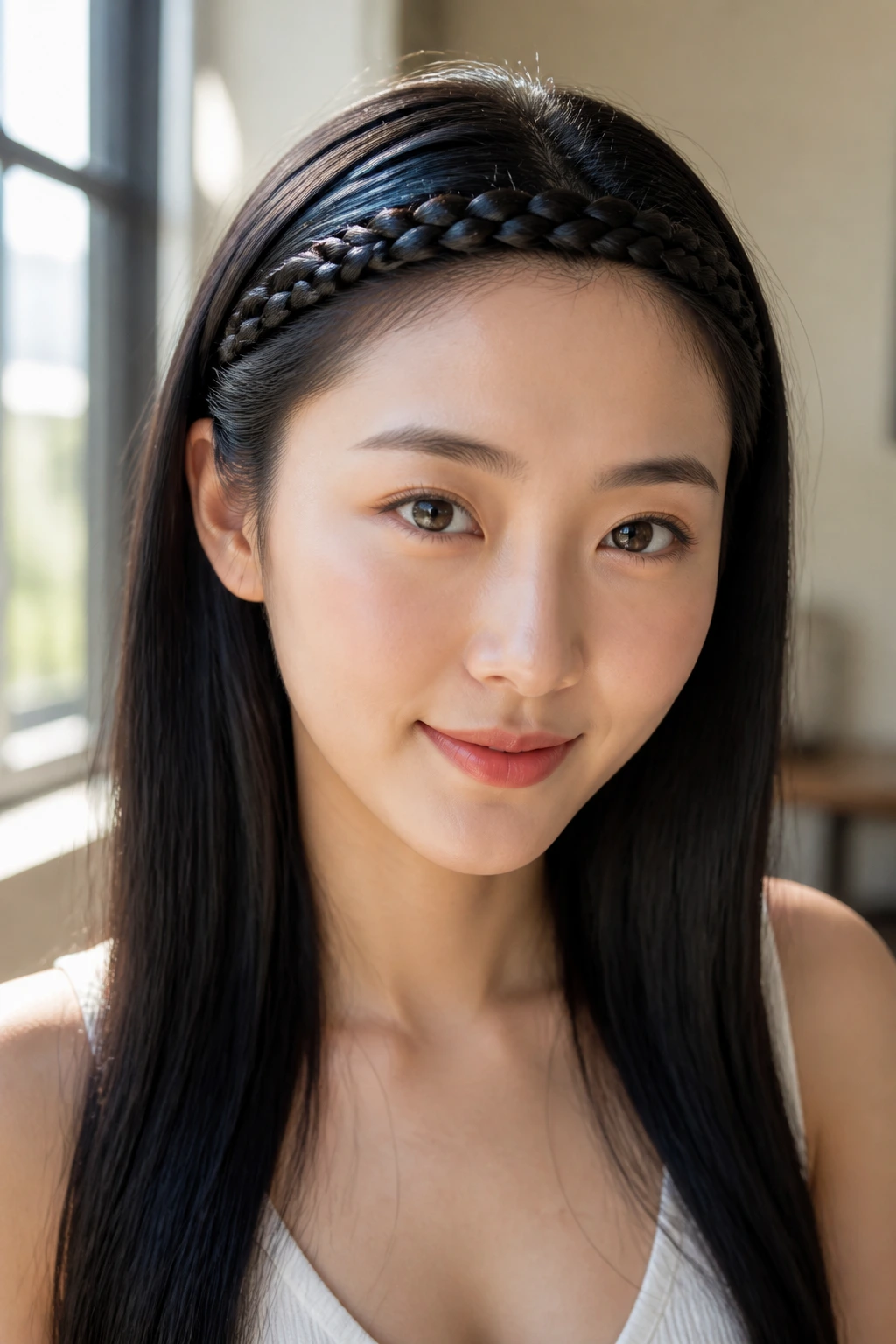 Front portrait of a real person wearing a braided headband across the forehead on Asian hair.