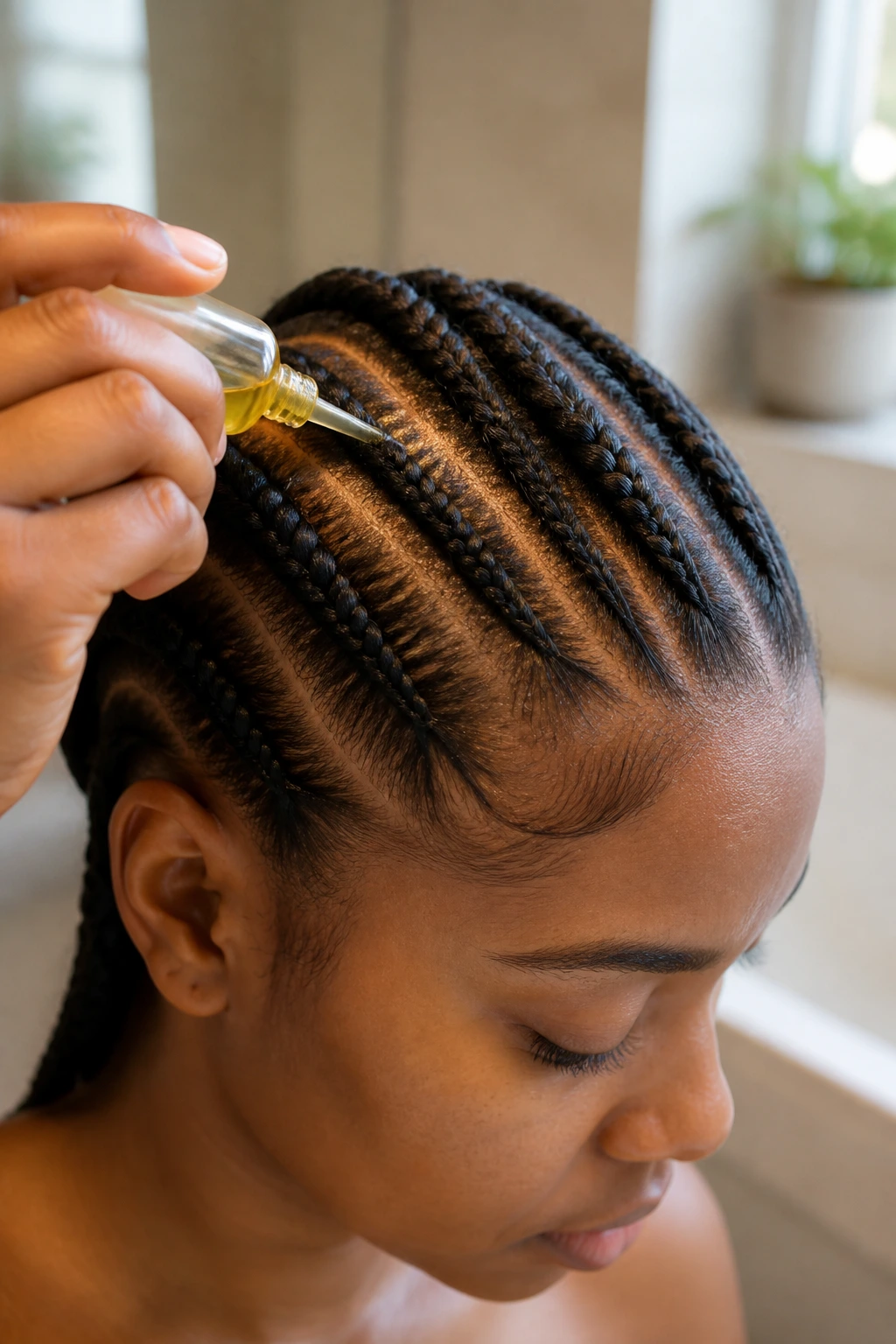 Close-up of scalp between braids with oil being applied