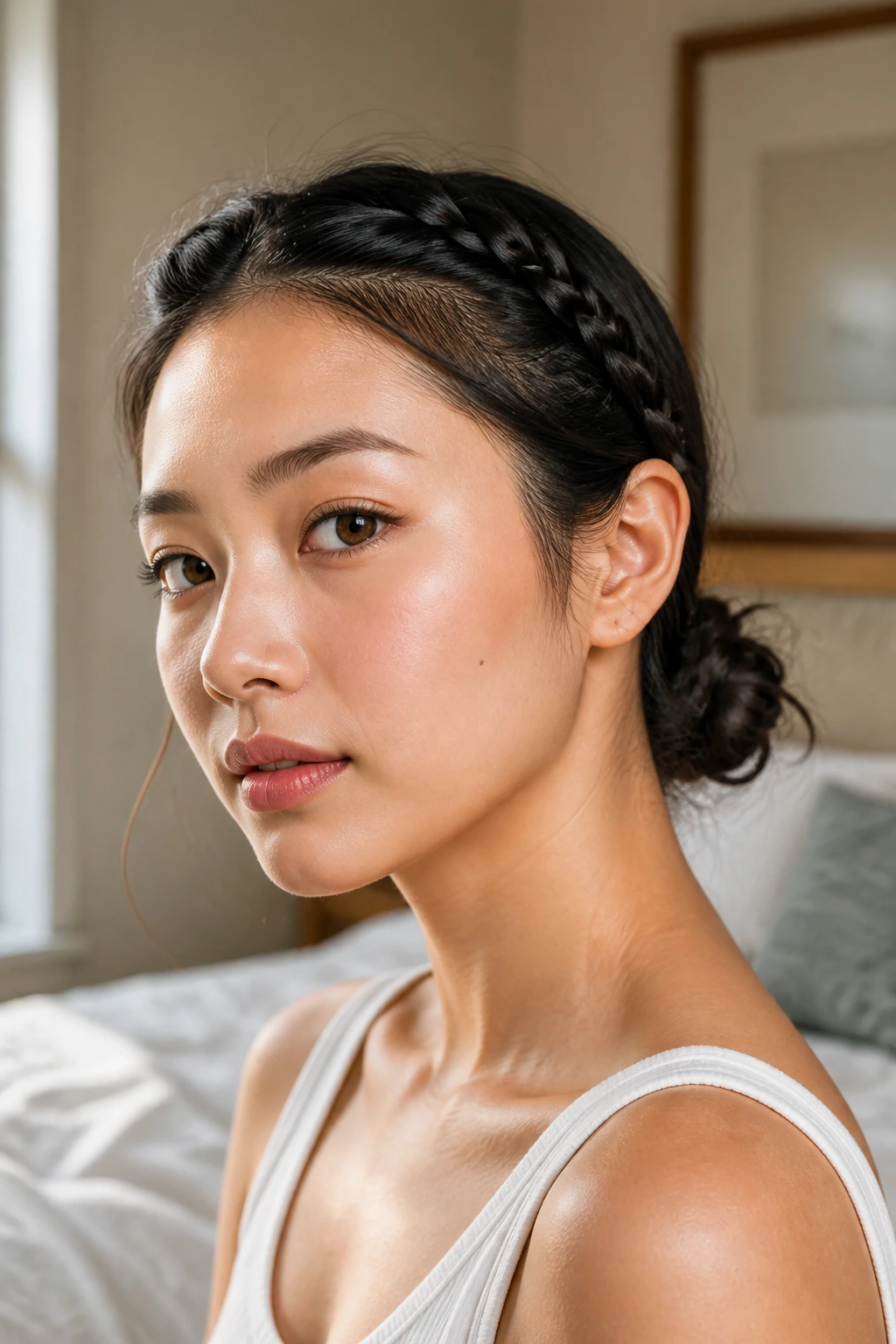 Close-up of a real woman with paired braids pulled into a low knot.