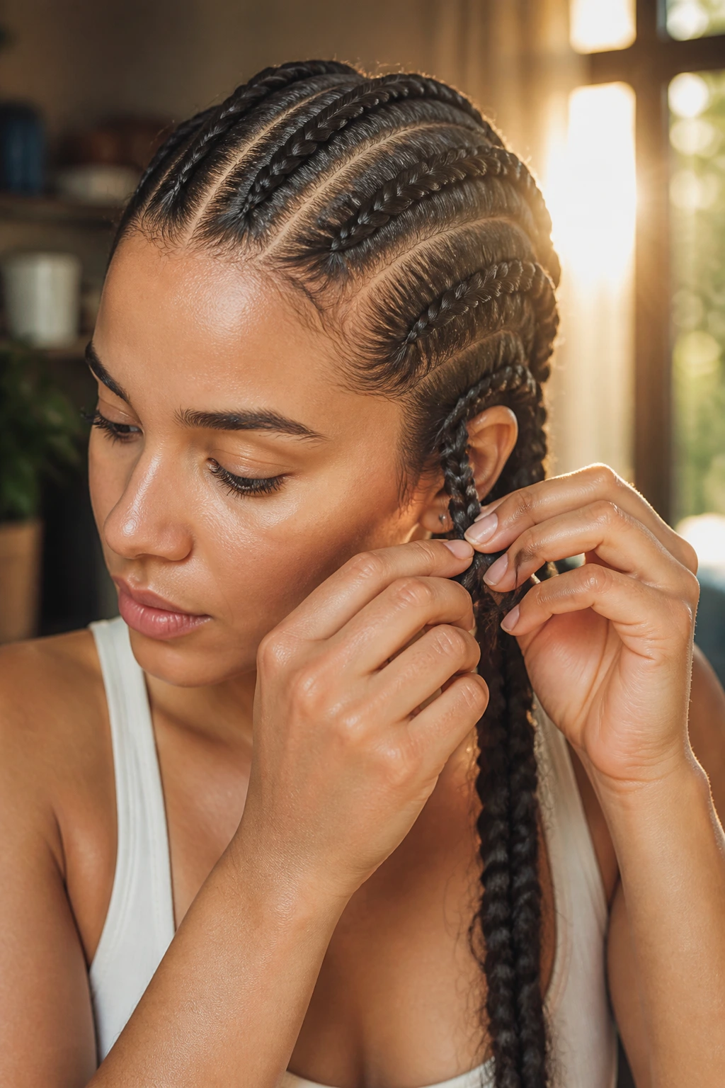 Close-up of a real woman with four braids, gently loosening a braid at the base
