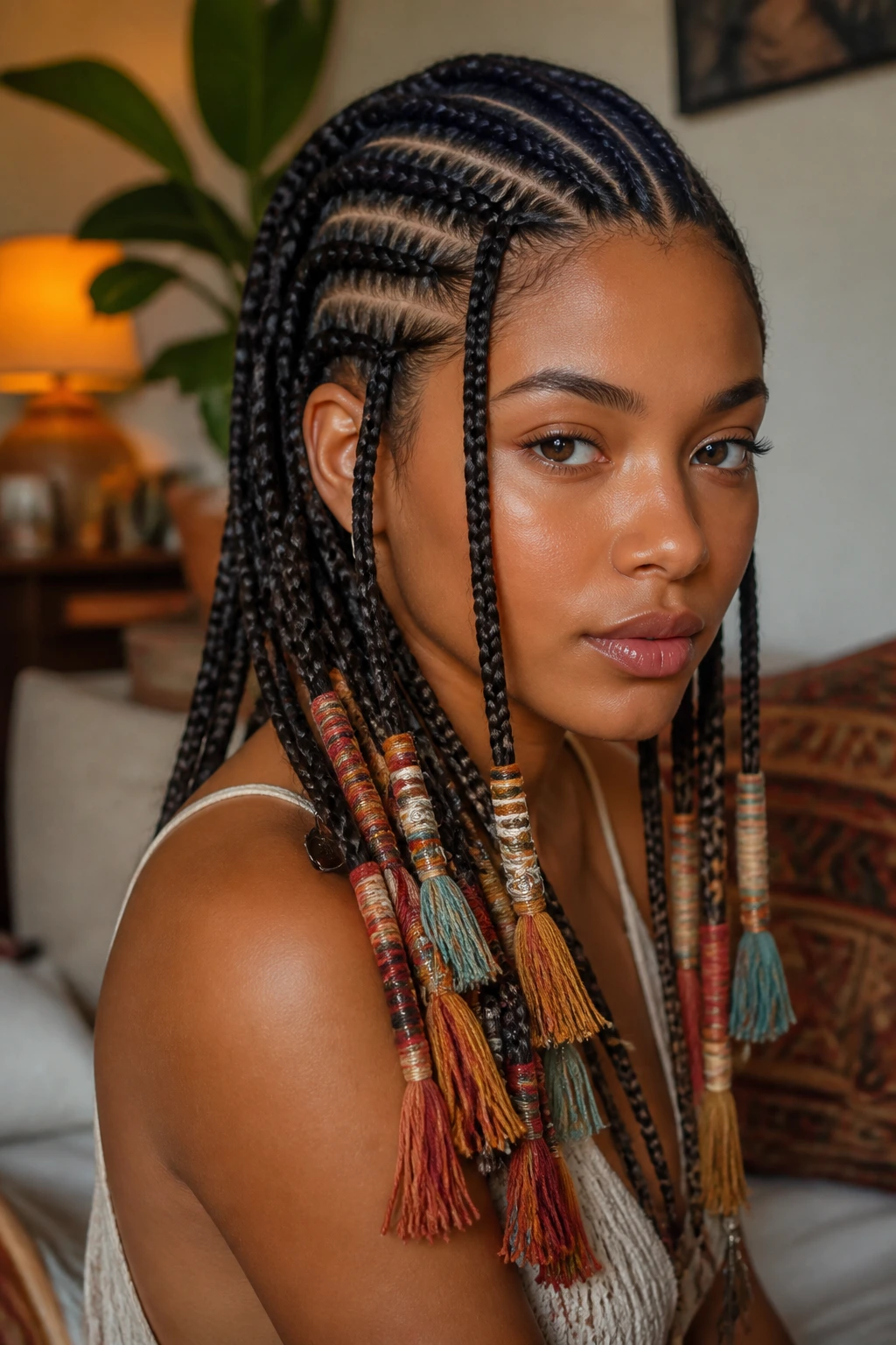 Close-up of a real woman with cornrows ending in decorative tassels.