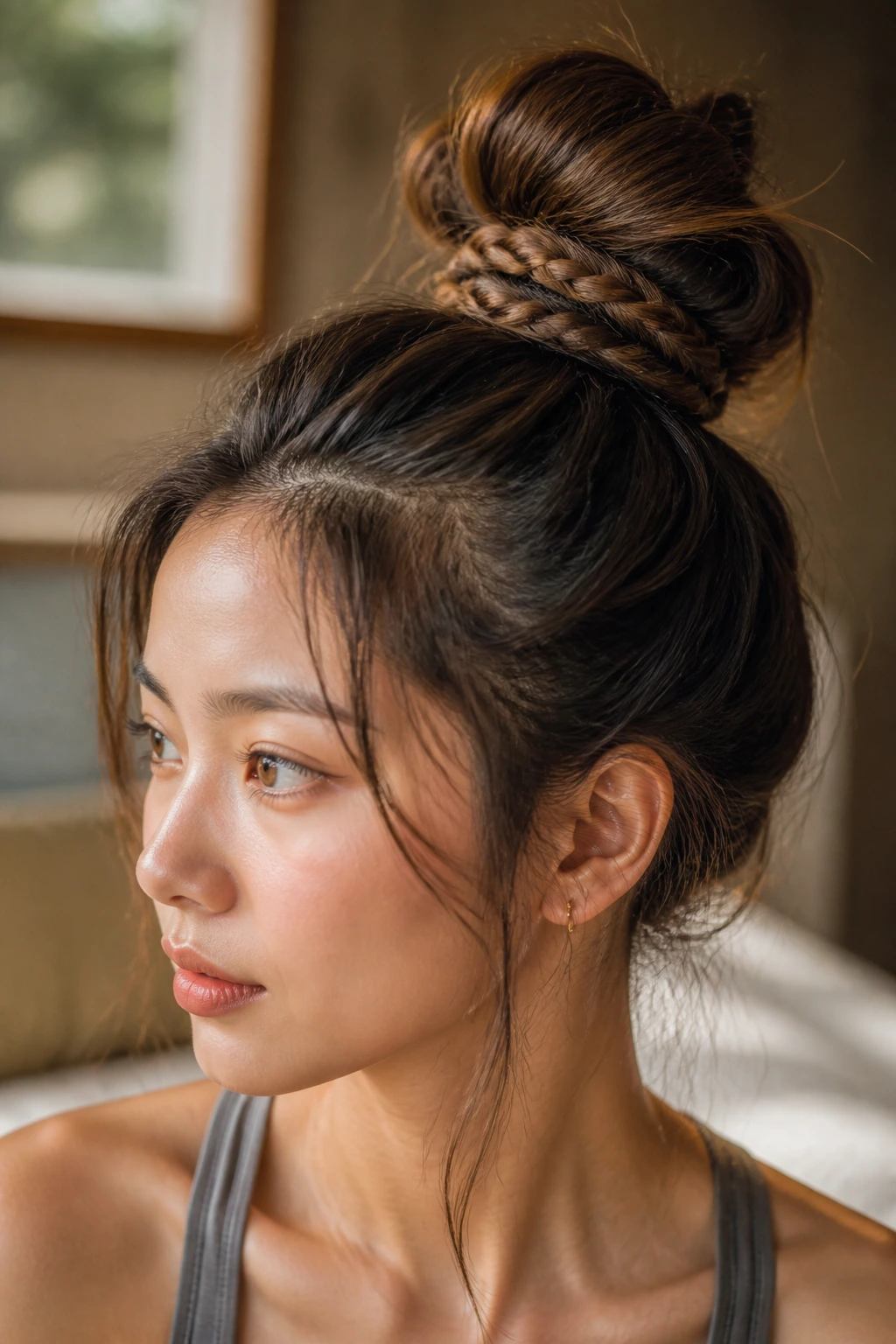 Close-up portrait of a real person with a messy top-knot and braided base on Asian hair.