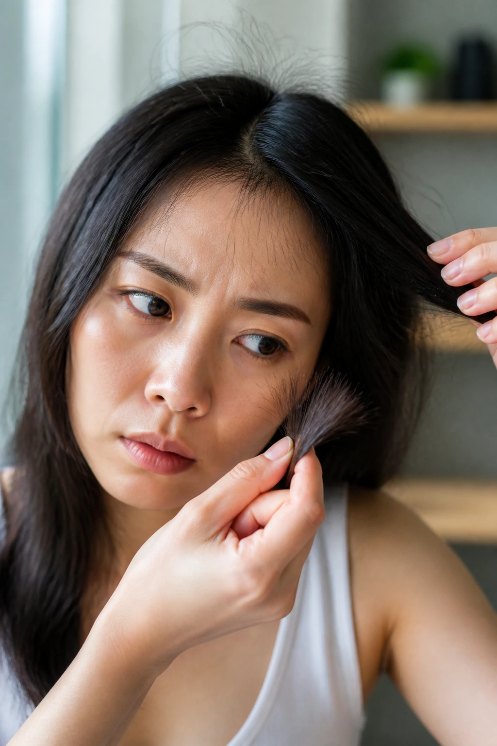 Real person examining hair for breakage with visible short hairs