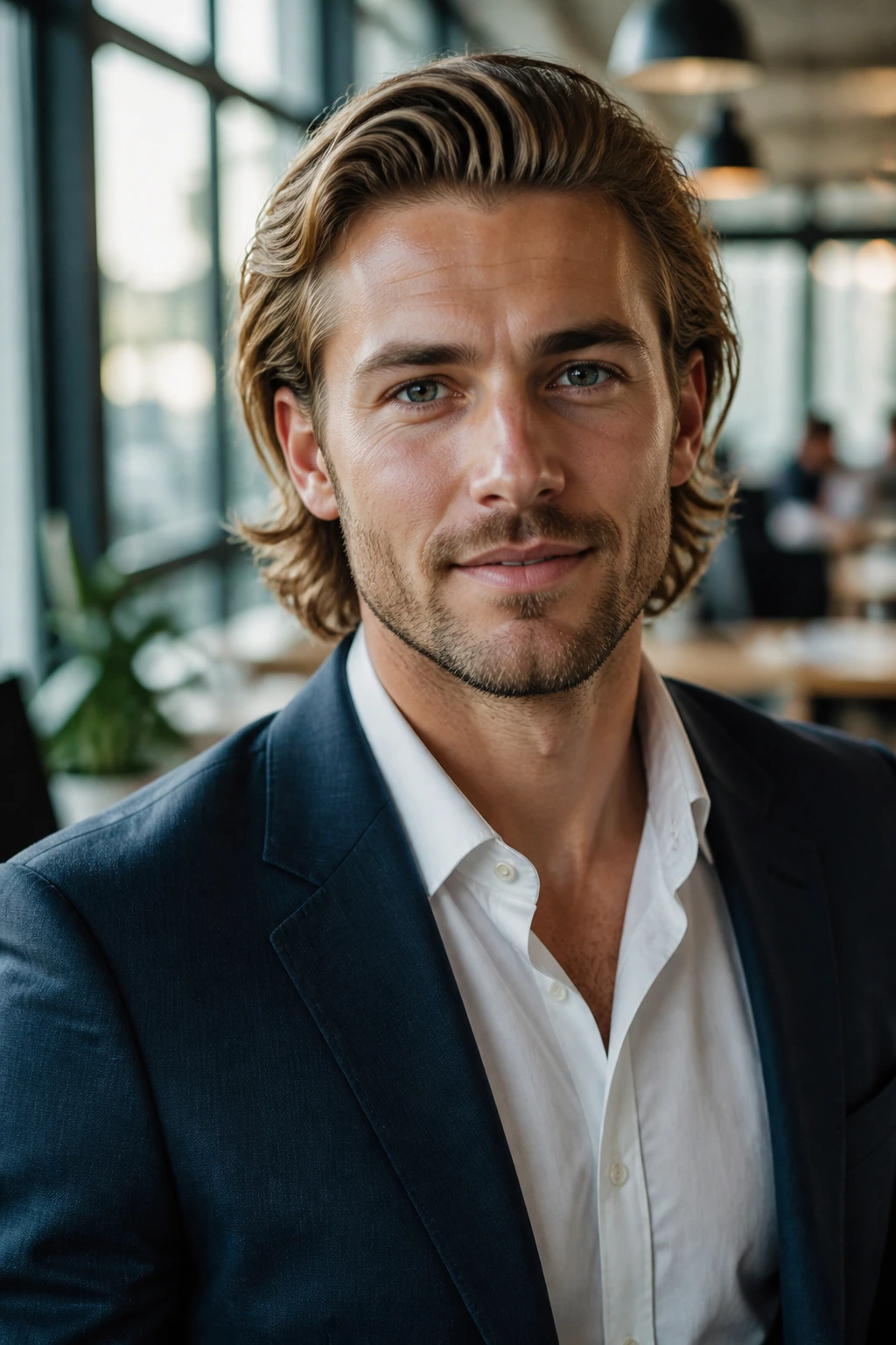 Close-up of a man with mid-length bro flow in a modern office