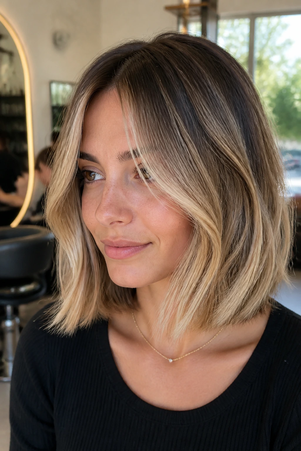Close-up portrait of a real woman with a deep-rooted bronde bob, shadow roots and money pieces