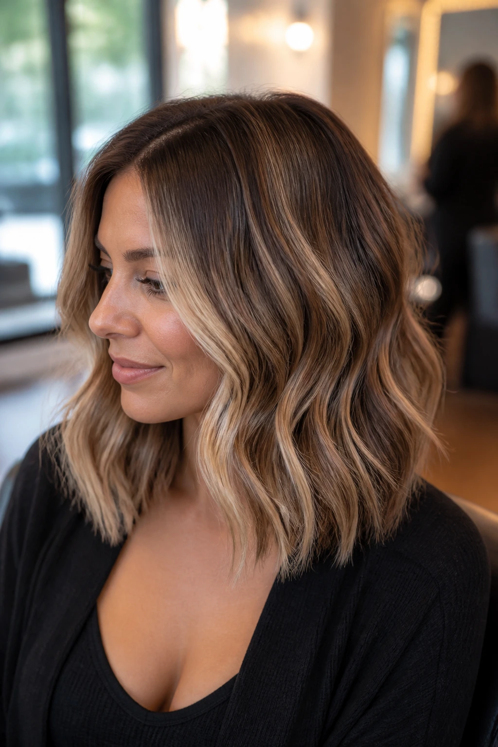 Close-up of a real woman with bronde hair showing a seamless brown-blonde blend filling the frame