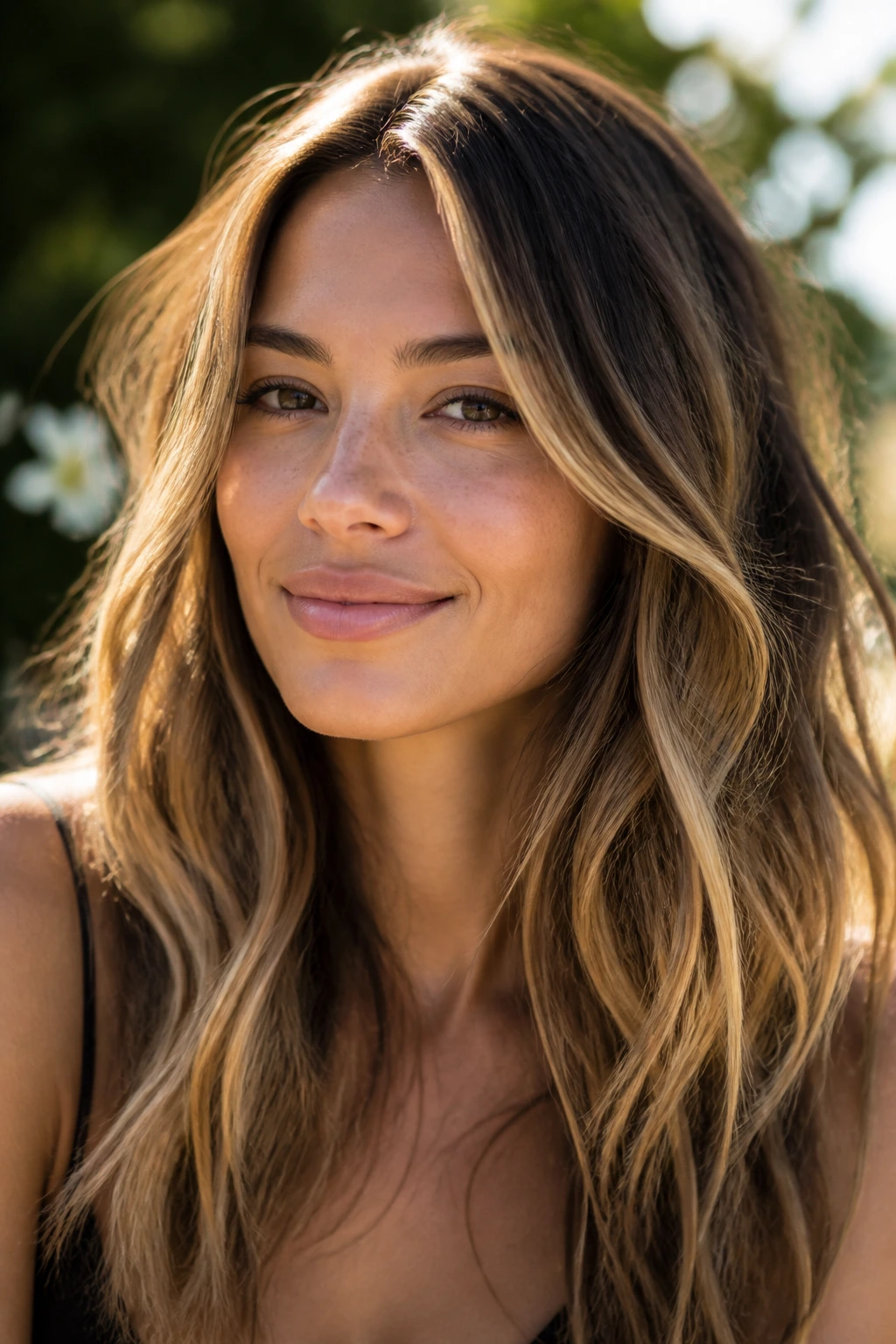 Close-up portrait of a real person with bronde hair and light frosting in a sunlit outdoor setting