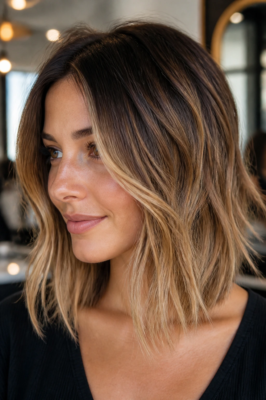 Close-up of bronde long bob on a real woman with seamless brown-to-blonde gradient