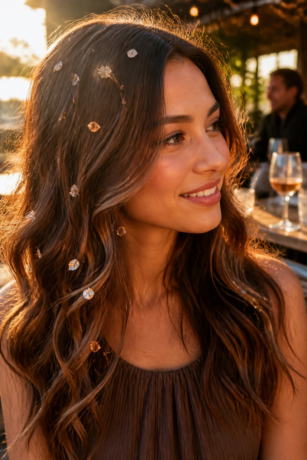 Loose waves with bronze leaf accents illuminated by golden hour sun.