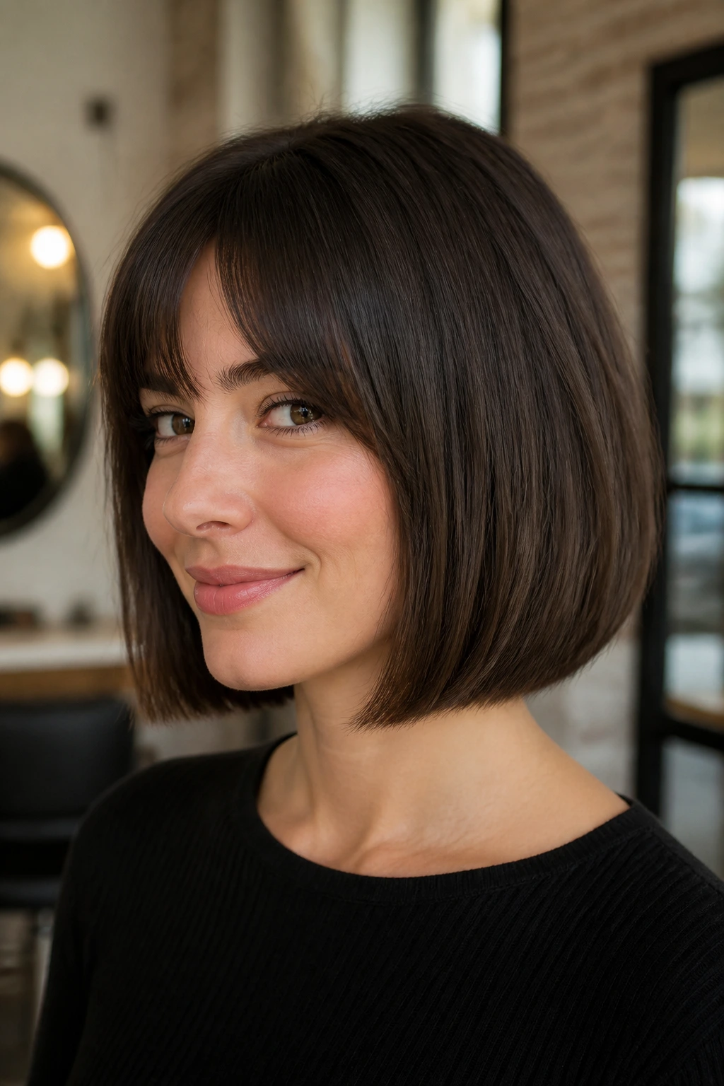 Brunette with blunt mid-neck bob and subtle fringe in salon lighting