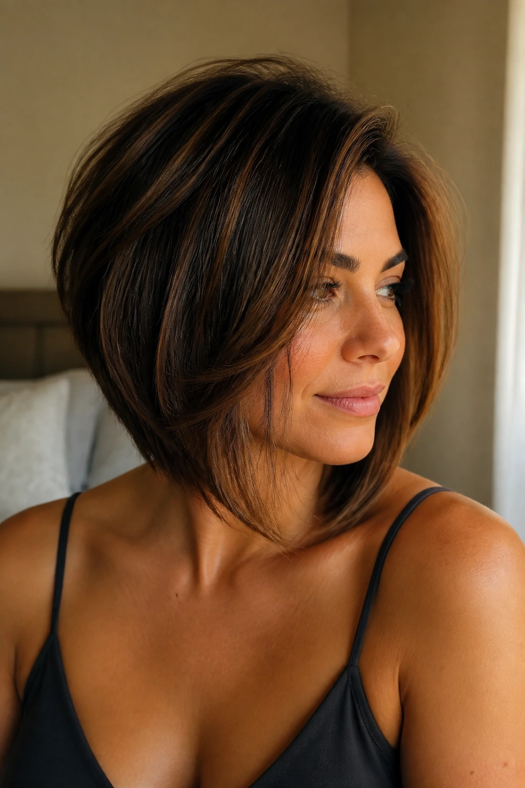 Close-up of brunette with graduated bob and long layers in warm bedroom light