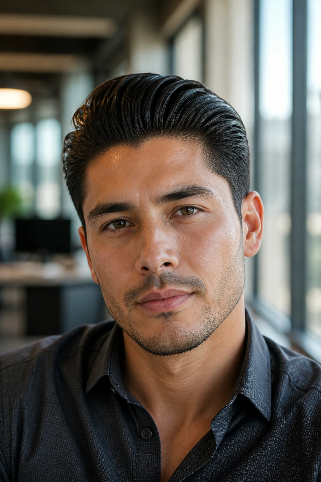 Close-up portrait of a real man with brushed-back quiff in a modern office