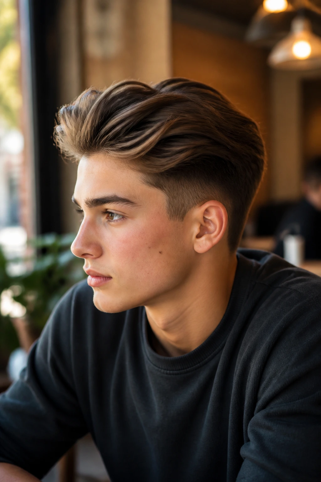 Close-up of a real person with brushed-back tapered hairstyle in a cafe setting