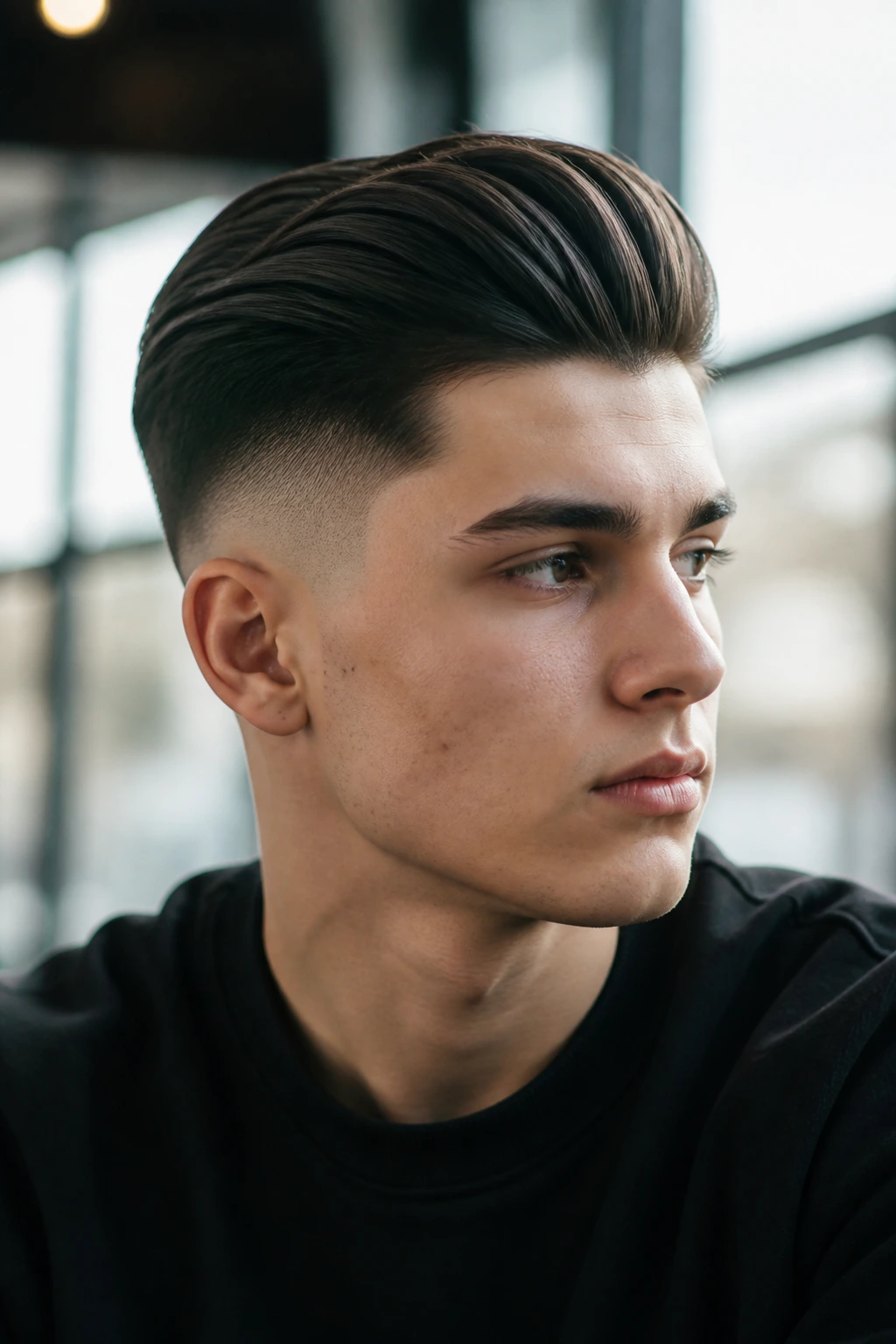 Close-up of a young man with a brushed-back undercut hairstyle in a modern setting