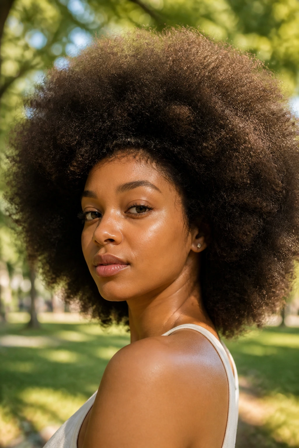 Close-up portrait of a real person with brushed-out afro halo