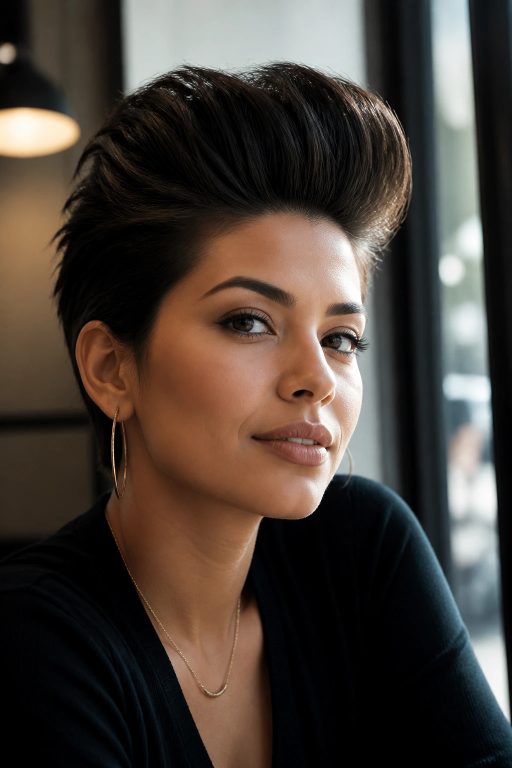 Close-up portrait of a real person with a brushed-up pompadour