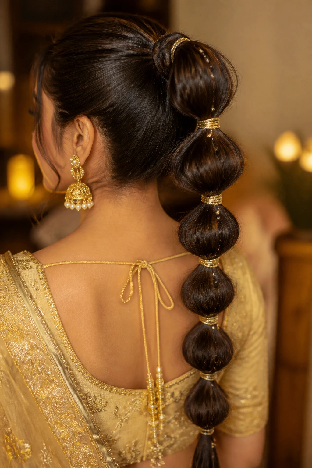 Close-up of bubble braid hairstyle on a real woman