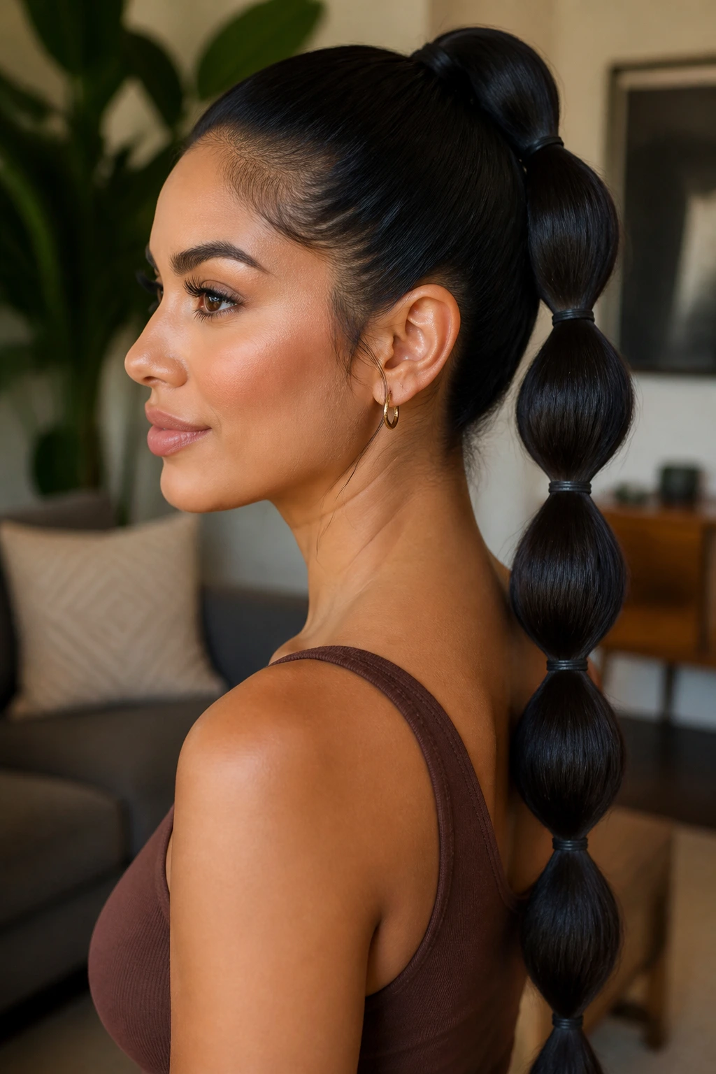 Close-up of a real woman with a bubble braid ponytail filling the frame.