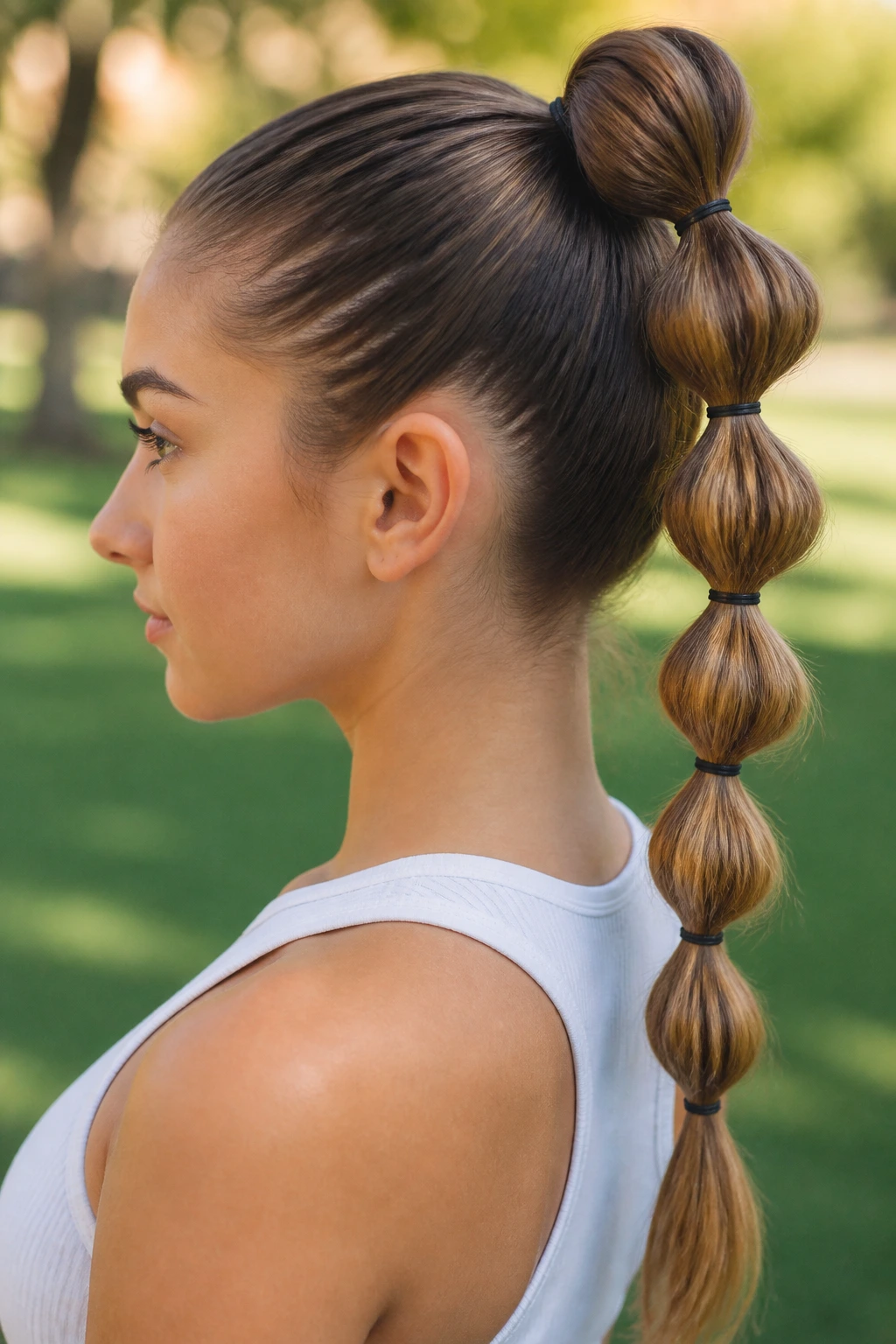 Real person with a bubble braid featuring multiple elastic bubbles