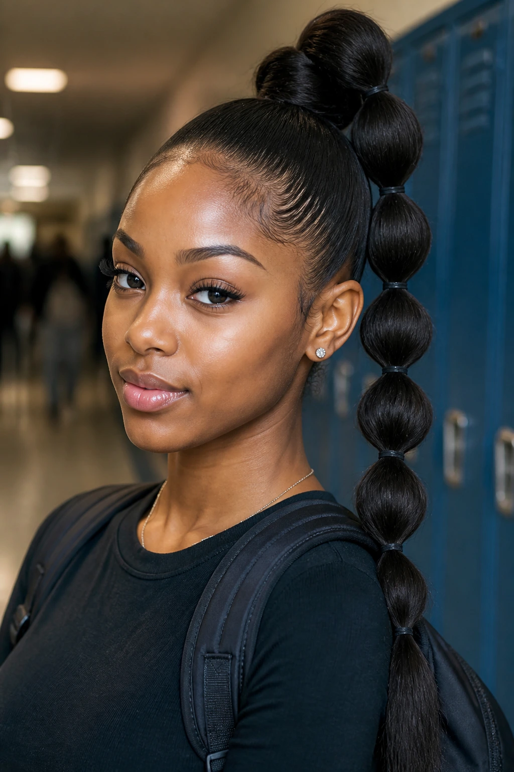 Close-up portrait of a real person with a high pony and bubble braid in a school hallway