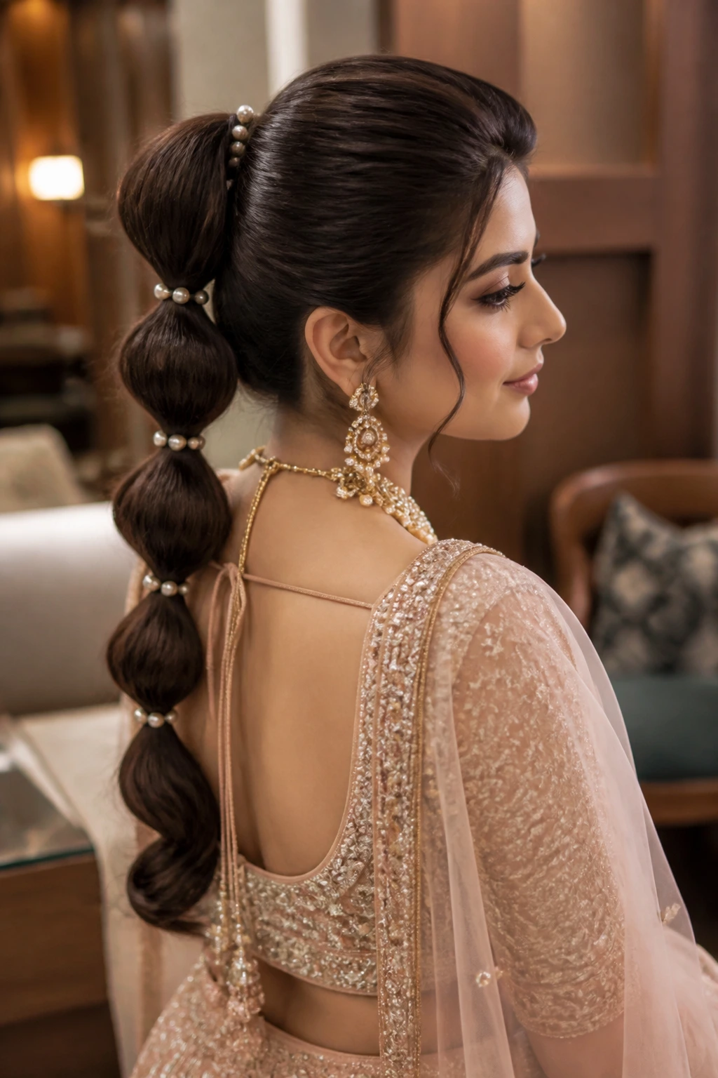 Close-up of a bubble braid ponytail with pearl accents in a bridal dressing room