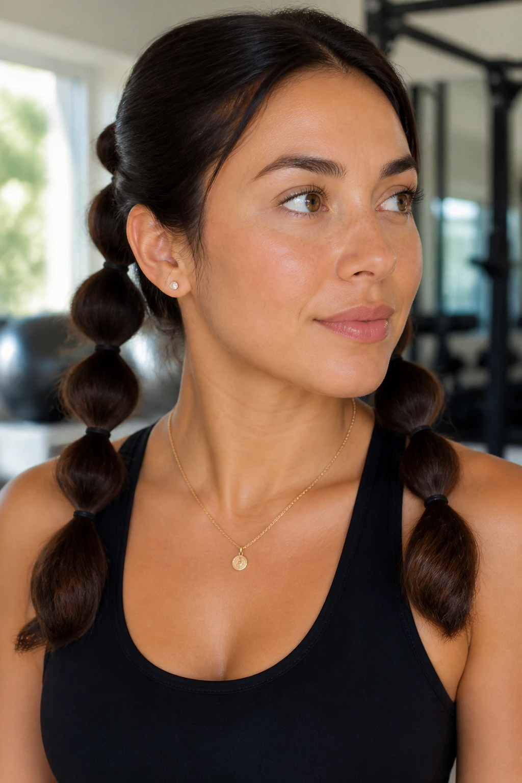 Real person with bubble braid pigtails secured for workouts.