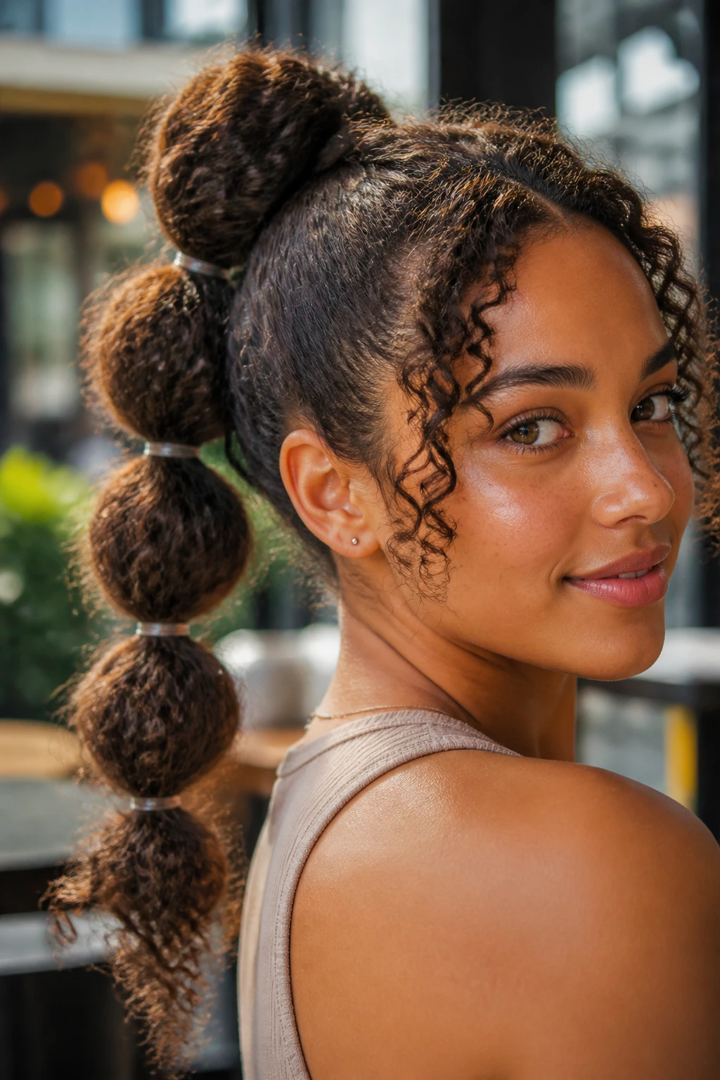 Close-up of a real woman with a bubble braid ponytail showing elastic-bubble segments