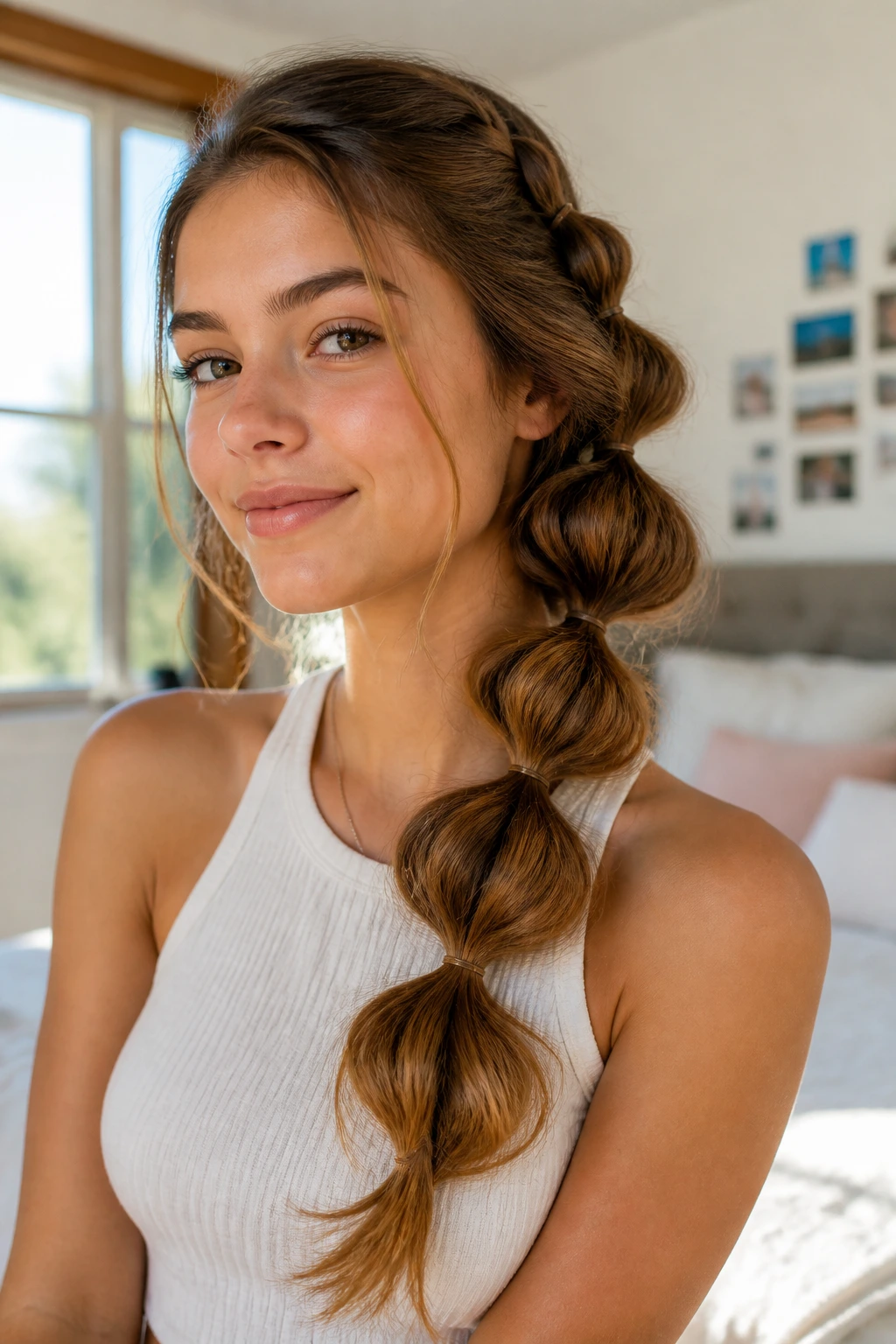 Close-up of a real woman with a side bubble braid in warm bedroom light