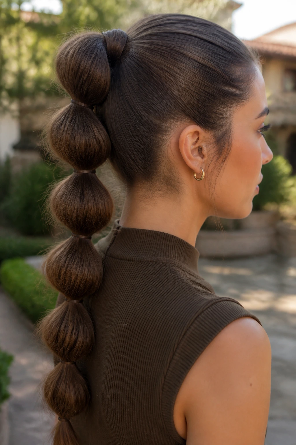 Close-up of a bubble braid along a high ponytail