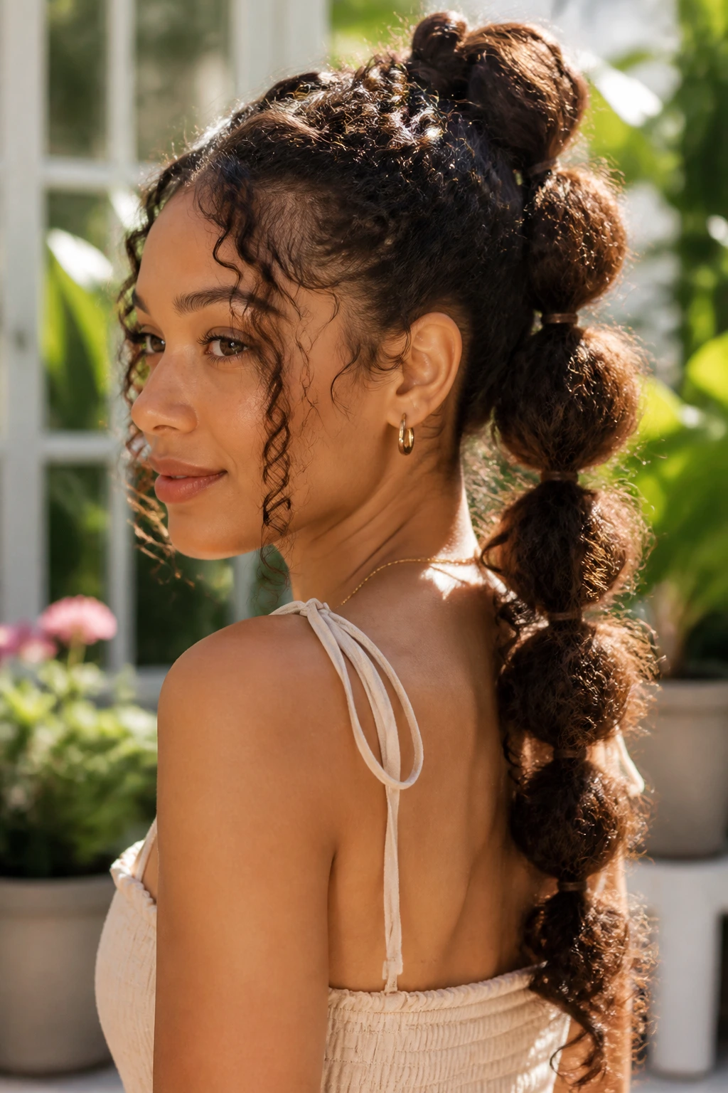 Three-quarter view of a real woman with bubble braids along a ponytail.