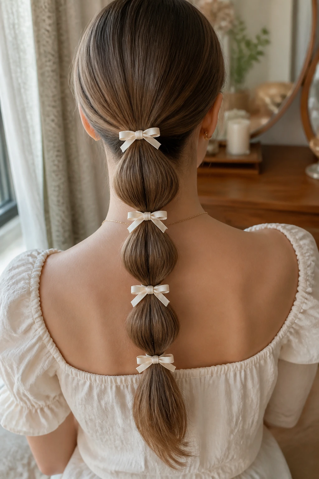 Back view of a bubble ponytail with bows