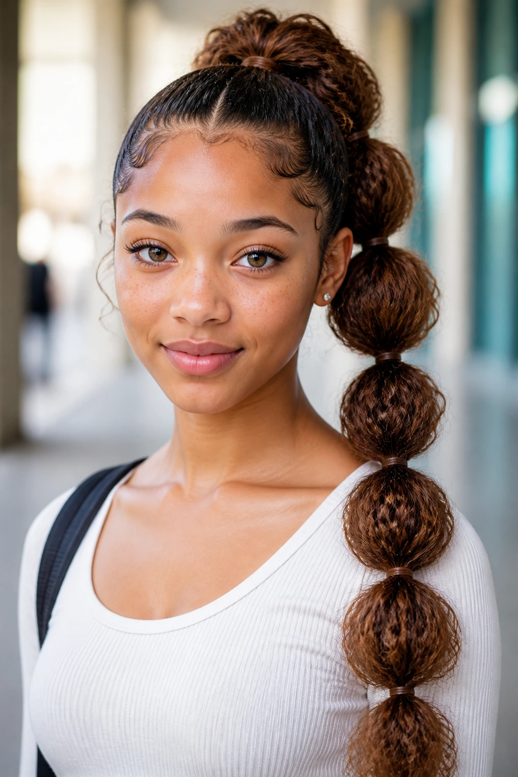 Close-up of a real person with a high bubble ponytail