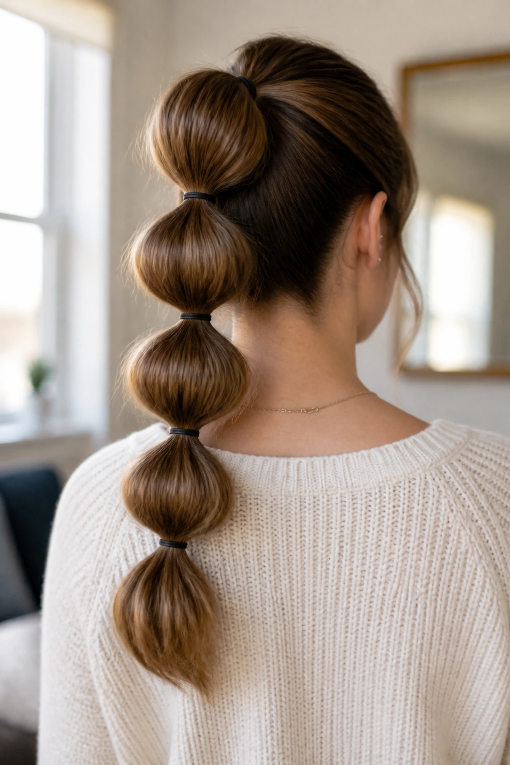 Back view of a real woman with a high bubble ponytail showing bubble segments along the hair.