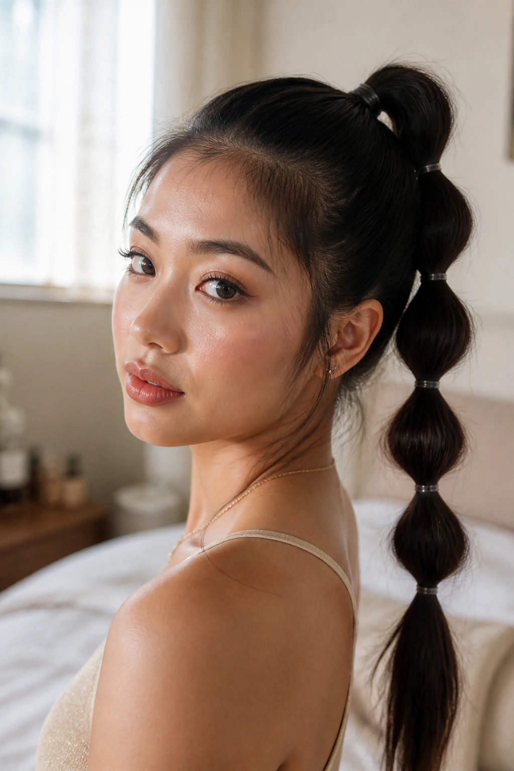 Close-up of a woman with a high bubble ponytail featuring segmented bubbles