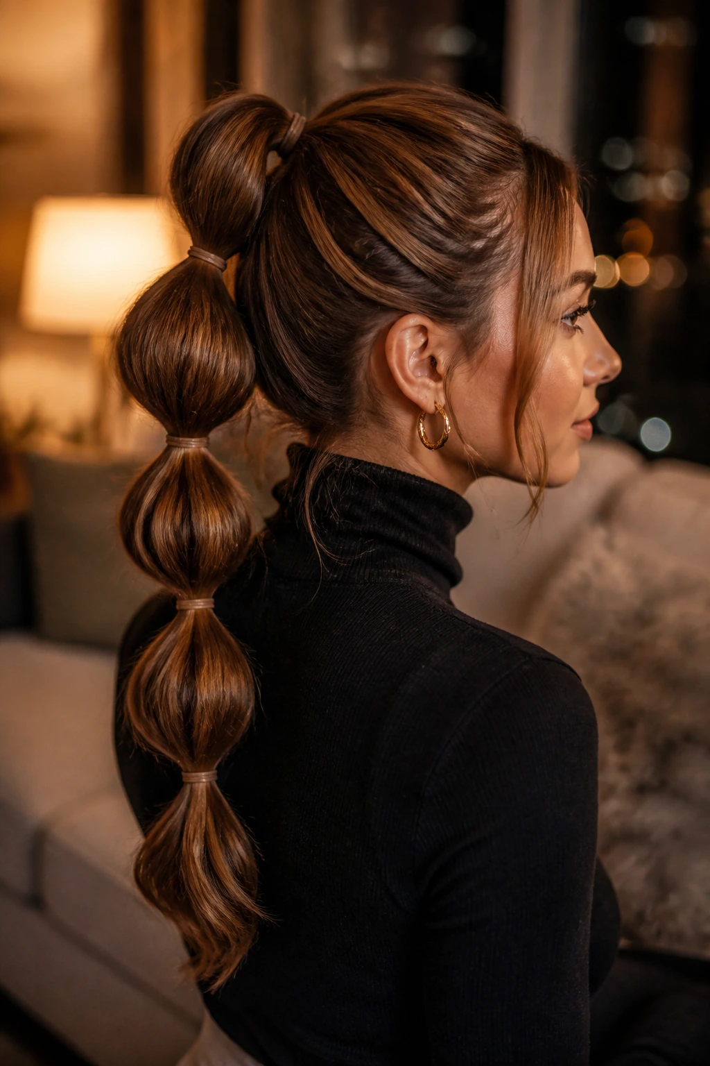 Close-up of a woman with a bubble ponytail showing multiple hair bubbles