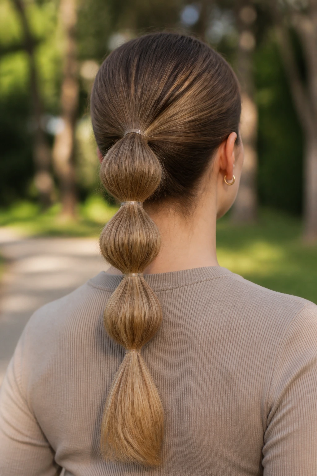 Back-of-head close-up of a real woman with a bubble ponytail hairstyle