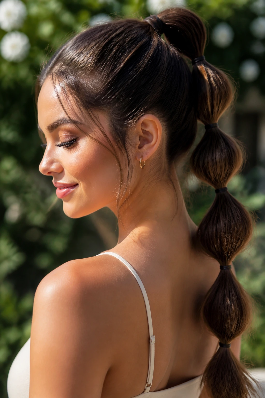 Bubble ponytail with bubble sections in long hair, portrait.