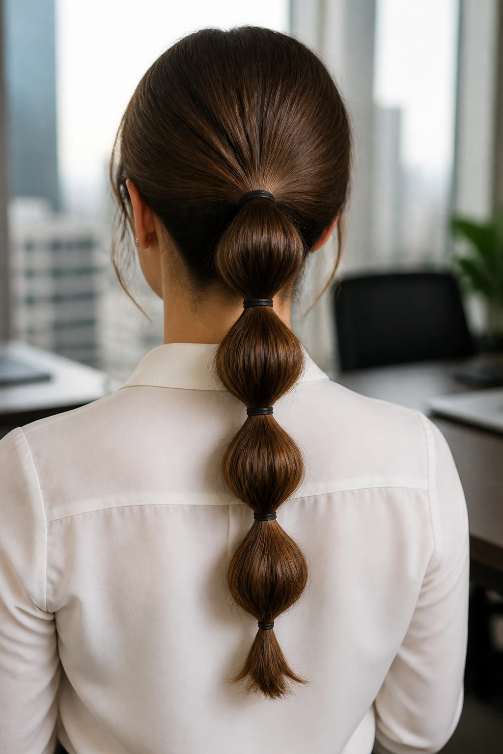 Back-of-head view of a woman with a bubble ponytail in an office