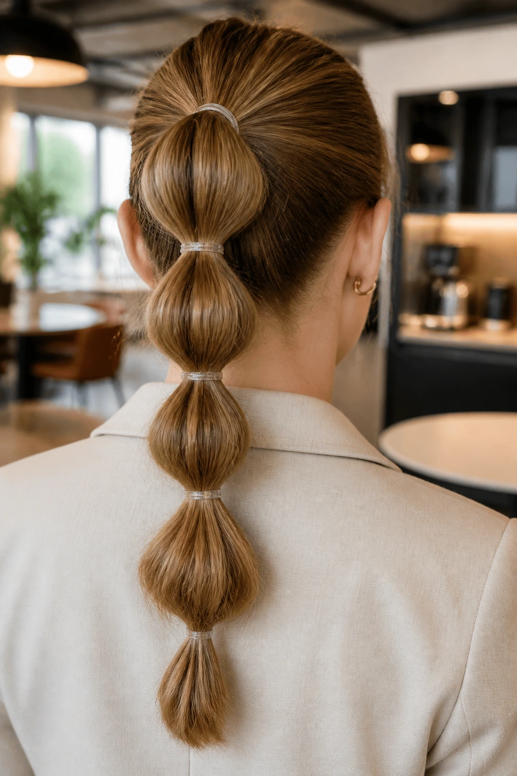 Back view of a real woman with a bubble ponytail formed by elastics in an office