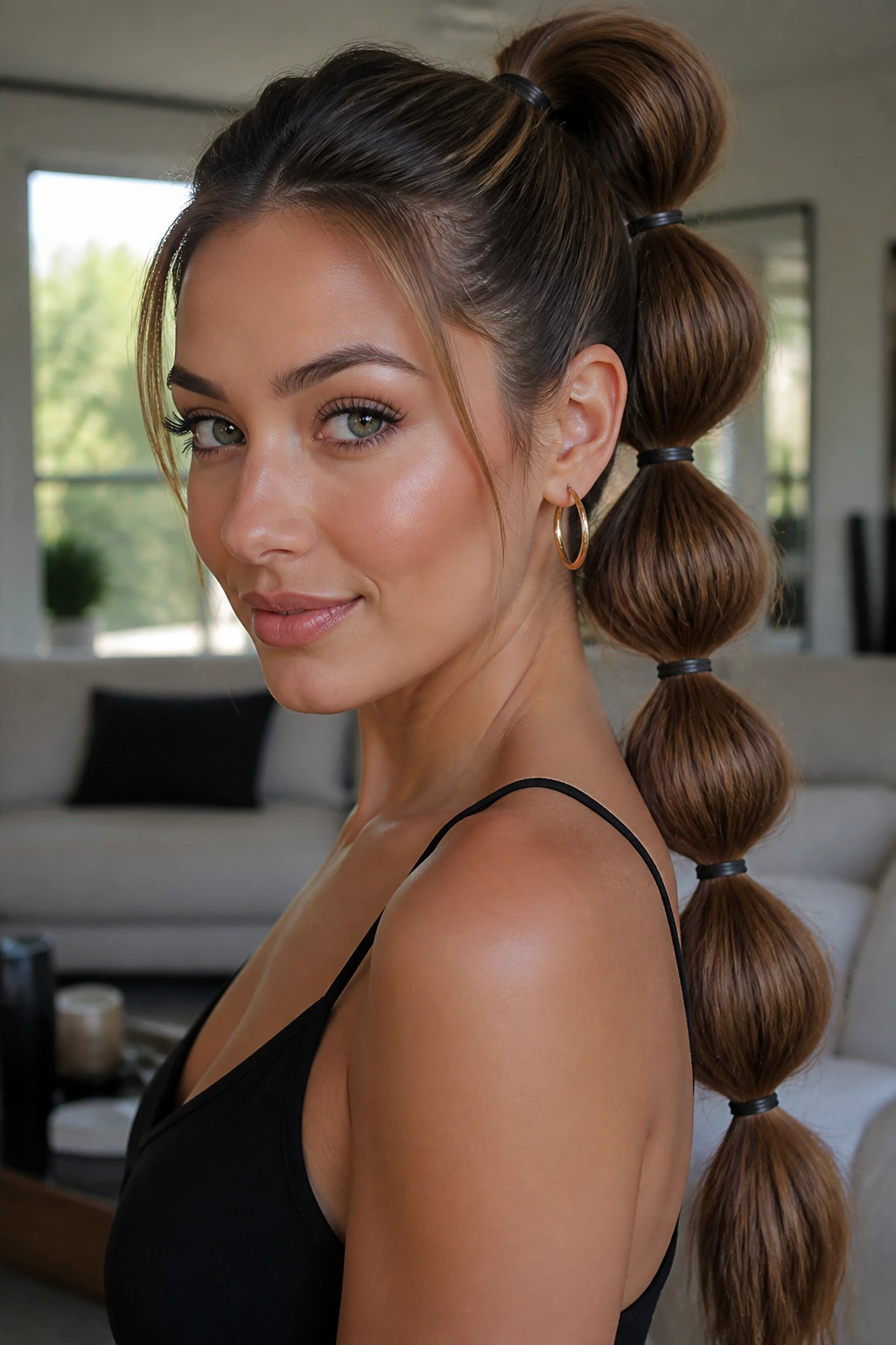 Portrait of a woman featuring a stacked bubble ponytail hairstyle.