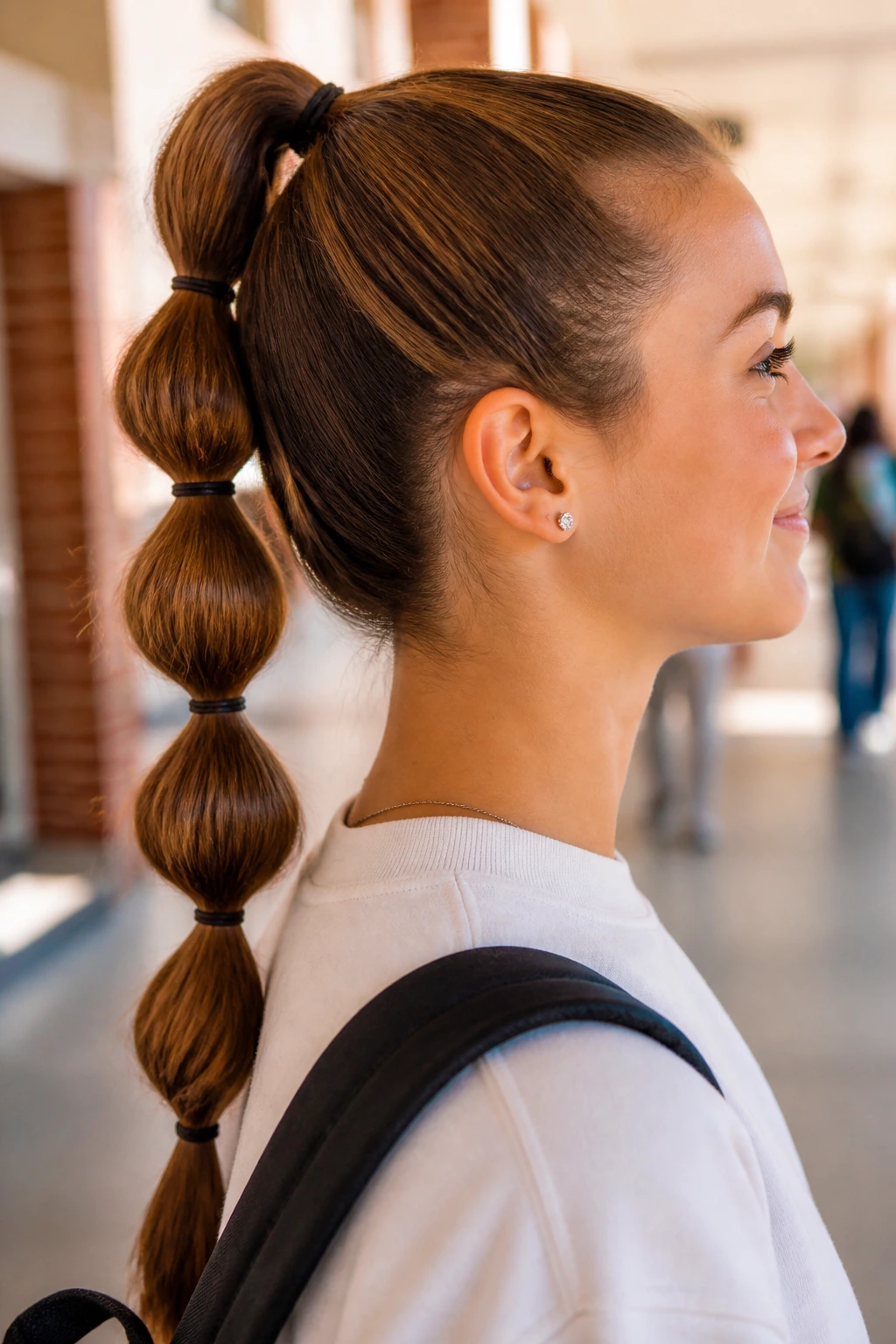 Close-up side view of a real student with a bubble ponytail