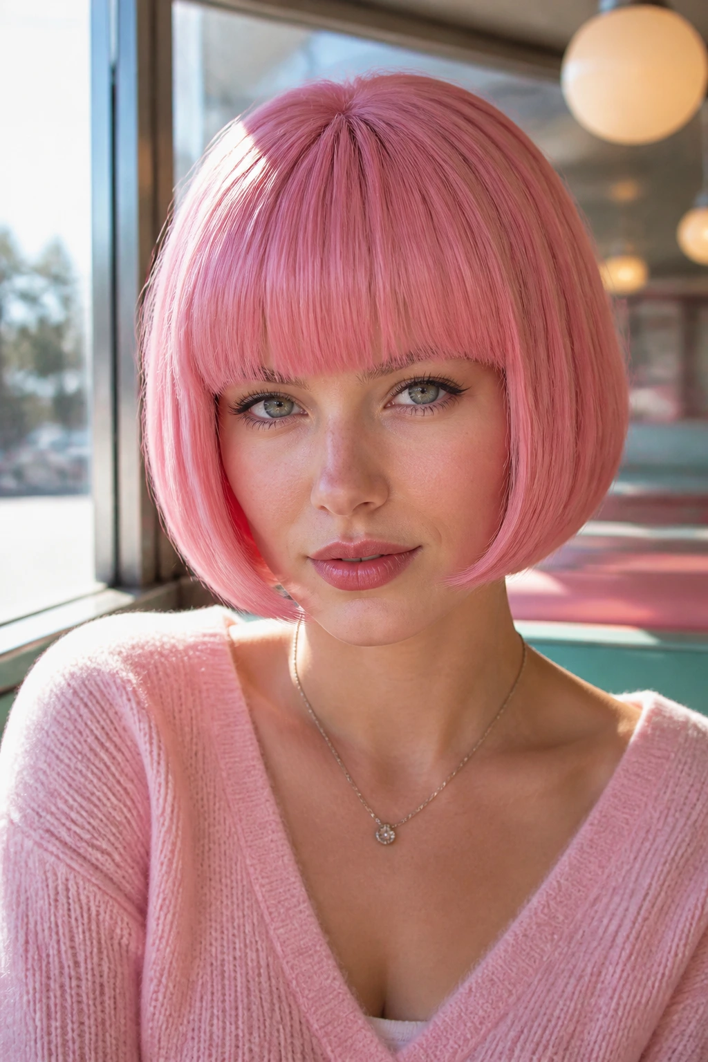 Close-up of a real person wearing a bubblegum pink bob with blunt bangs.