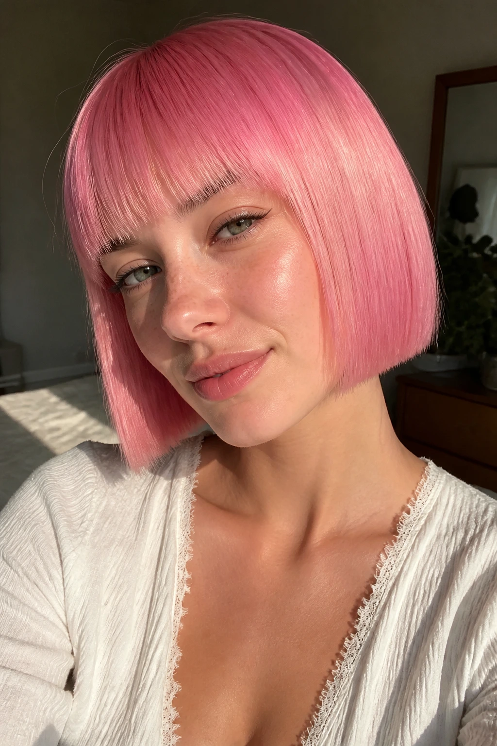 Close-up portrait of a real woman with a bubblegum pink chin-length blunt cut