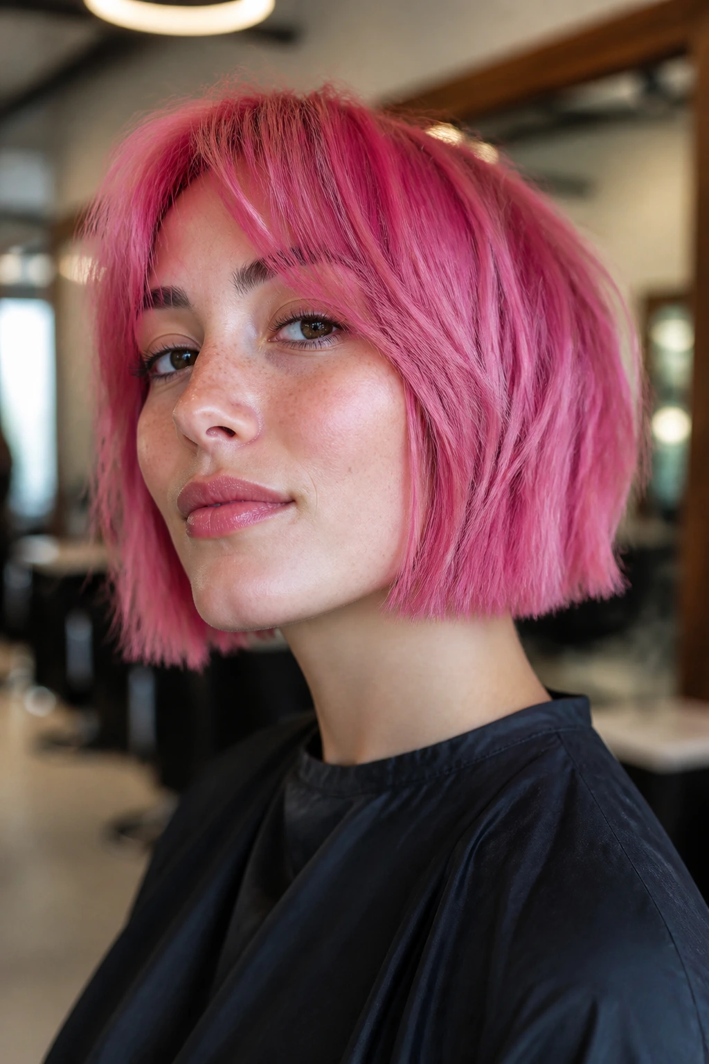 Portrait of a real woman with a bubblegum pink choppy bob