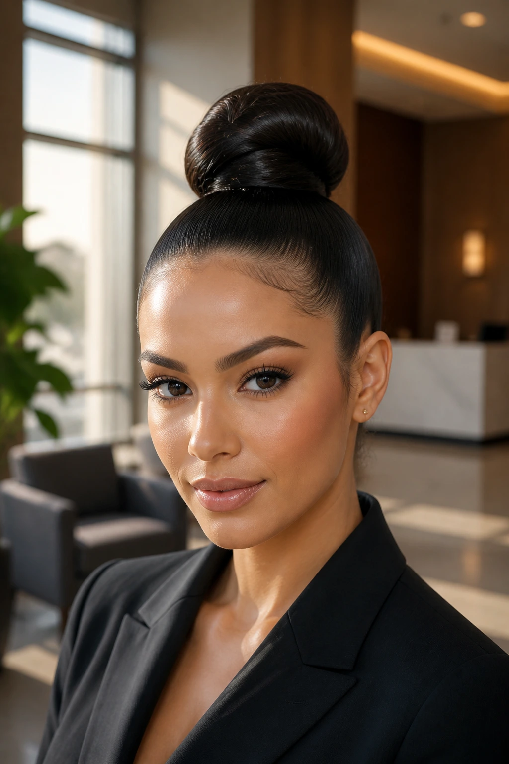 Close-up of a real Latina woman with a smooth high bun in a bright office setting