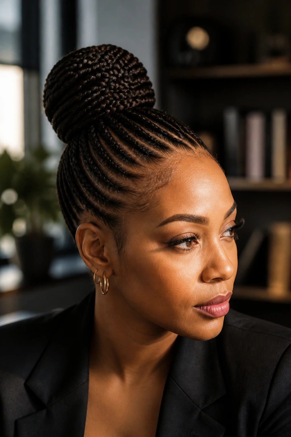 Close-up of real woman with sleek crown bun made from cornrows